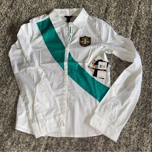 Dereon White Shirt with Green Diagonal Stripe